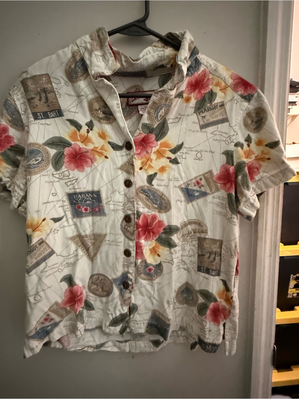 Caribbean Joe White Short-Sleeve Button-Down with Pink & Yellow Floral Print